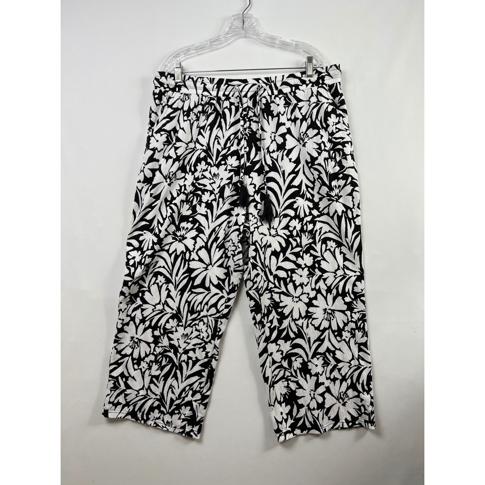 Belle by Kim Gravel Pants Womens Large Tall Black White Floral Tassel Wide Leg
